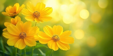 Sunlit cluster of bright yellow wildflower blossoms with delicate petals and warm bokeh background conveying a cheerful, serene summer glow