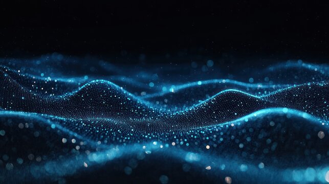 glowing blue particle waves forming an undulating digital sea with shimmering bokeh and a dark starry background, serene futuristic abstract landscape