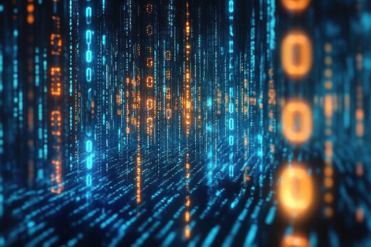Glowing blue and orange streams of binary digits cascading in vertical columns over a virtual grid, creating a mysterious, immersive high-tech atmosphere