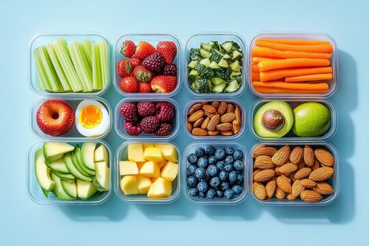 neat grid of clear snack containers filled with fresh vegetables, mixed berries, sliced apple, avocado, almonds, mango chunks and boiled egg, bright healthy and organized