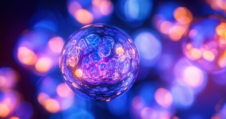 iridescent glass sphere floating among colorful bokeh lights, glowing purple and orange with a dreamy ethereal mood