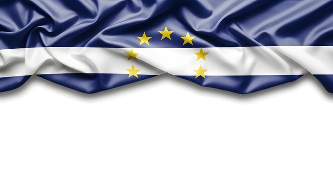 Wavy blue and white flag with yellow stars on a central white stripe, draped against a clean white background. - Powered by Adobe