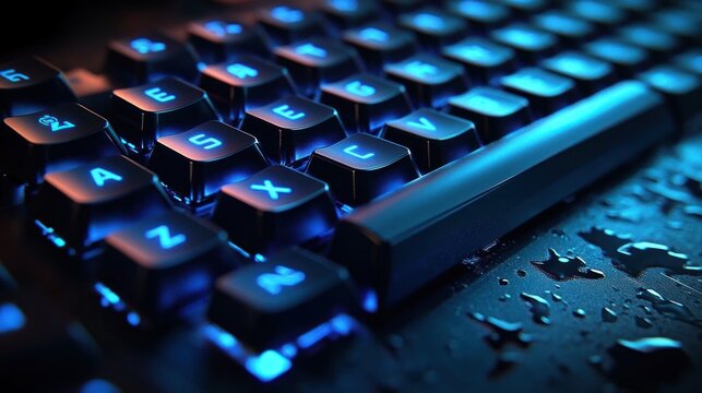 close-up of wet backlit mechanical keyboard with glowing blue keys and reflective water droplets, moody futuristic gaming atmosphere - Powered by Adobe