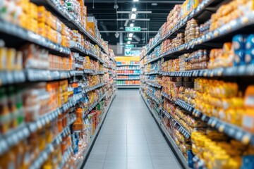 Fototapeta premium Bright supermarket aisle with long rows of fully stocked shelves of colorful packaged goods, bottles, jars and boxes, clean tiled floor, overhead lights and a sense of order and abundance