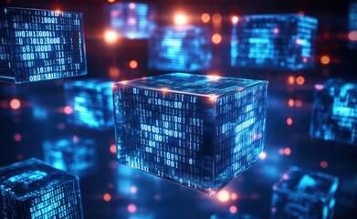 Glowing floating glass-like data cubes covered in binary code in a futuristic blue network with warm orange lights and a mysterious energetic mood