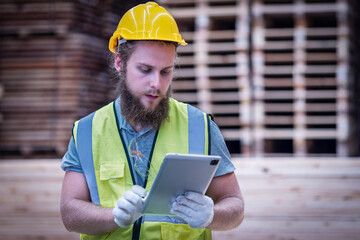 male carpenter factory worker at manufacturing lines in wooden warehouse storage plant, wood industry.