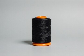 An isolated, tightly wound spool of thick thread, with loose ends tied off, signifying being held. A highly detailed, photorealistic image of a single, tightly wound spool of thick, dark, textured