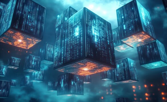 Floating glowing data cubes with cascading blue code and orange illuminated bases in a moody futuristic cloudscape, evoking mystery and technological awe