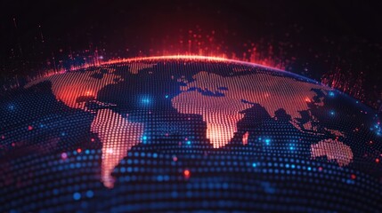 Glowing digital globe showing world continents formed by red and blue luminous dots and rising data streams, evoking a dynamic futuristic sense of global connectivity