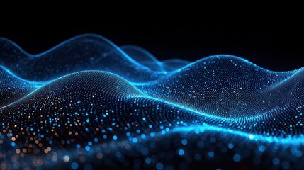 glowing blue particle waves forming an undulating digital mesh on a dark background, calm futuristic and mesmerizing motion