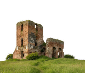 Dilapidated Brick Ruin on Verdant Hillock Against a Transparent Celestial Void Backdrop