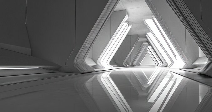 monochrome futuristic corridor with repeating triangular archways, angled illuminated panels and glossy reflective floor creating a serene, minimalist and contemplative atmosphere - Powered by Adobe