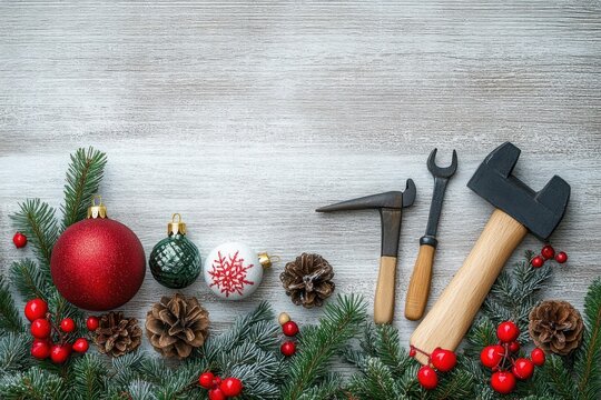 rustic holiday workshop flat lay with evergreen sprigs, pine cones, red berries and three Christmas baubles beside wooden-handled hammer, wrench and mallet conveying a cozy festive mood