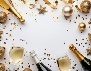 Festive New Year flatlay with champagne bottles, sparkling wine glasses, gold ornaments, ribbons, and confetti