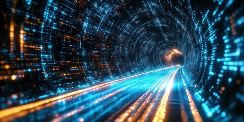 glowing blue and orange digital tunnel with streaking neon lights and vanishing point, conveying high-speed futuristic motion and immersive cyber energy