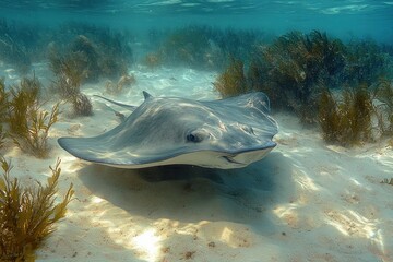 Curious stingray gliding over sunlit sandy seabed among green seagrass in clear turquoise shallow water, calm and peaceful scene