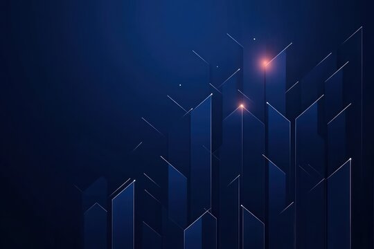 abstract futuristic dark blue city of glowing glass pillars and vertical geometric towers with thin illuminated edges evoking a calm mysterious high-tech atmosphere