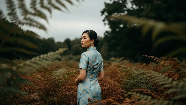 Elegant adult asian woman in a traditional blue qipao dress standing in a lush fern forest. Cinematic portrait exploring themes of heritage, nature and serene contemplation