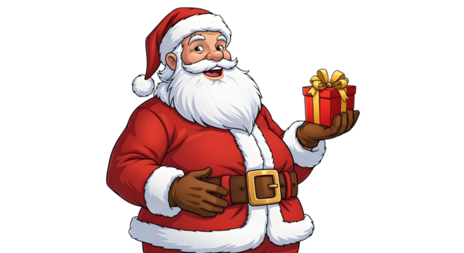 A cheerful cartoon santa claus holding a red gift box with a gold ribbon