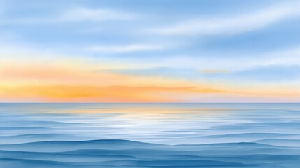 Obraz premium Abstract illustration of an ocean landscape at sunrise or sunset. Stylized blue waves with a warm orange and golden sky. Minimalist painterly nature background