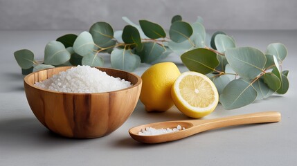 Natural spa ingredients with sea salt, lemon, and eucalyptus. Wooden bowl with bath salts for body care and aromatherapy. Wellness and relaxation concept