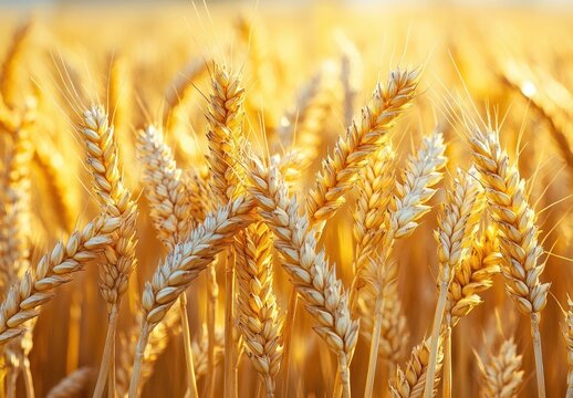 Close-up of golden wheat ears in a sunlit field, warm glowing light conveying abundance and calm harvest mood