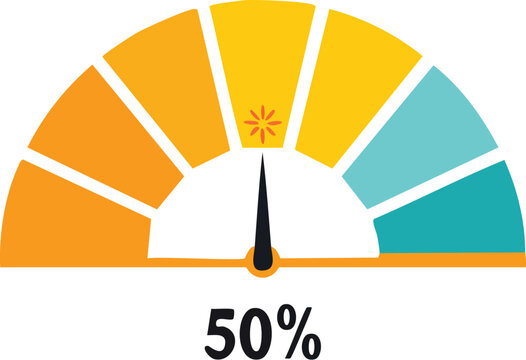 Speedometer displaying 50 percent, indicating half capacity or halfway completion of a task or journey