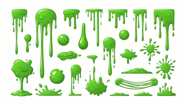 A collection of dripping green slime elements, liquid goo splatters, and toxic ooze drops