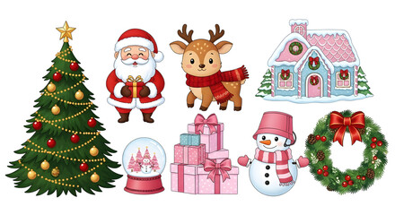 Fototapeta premium A collection of festive christmas elements including a tree, santa, reindeer, house, snowman, wreath, and gifts