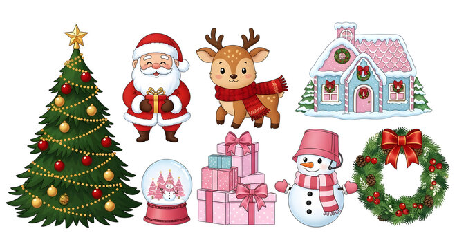 A collection of festive christmas elements including a tree, santa, reindeer, house, snowman, wreath, and gifts
