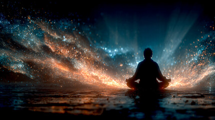 Obraz premium Silhouette meditating on a reflective surface with radiant blue and orange cosmic light burst. spiritual mindfulness, inner peace, energy, and transcendence