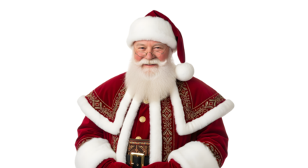 Portrait of a jolly santa claus with a white beard and mustache, wearing a red suit with white trim