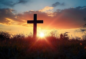 Wooden cross silhouette on a grassy hill at sunrise with sunburst, colorful clouds and a peaceful, hopeful atmosphere