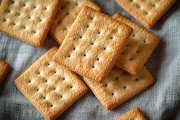 golden square crackers arranged on soft gray linen, warm inviting and crunchy snack