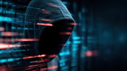 Dark hooded figure shrouded in binary code representing cybercrime and digital threats