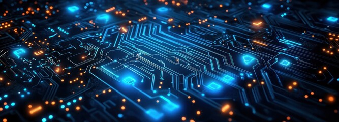 Close-up glowing blue circuit board with orange lights and neon electronic pathways, dynamic futuristic high-tech energy and intricate circuitry