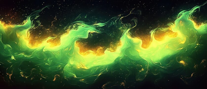 luminous green and yellow cosmic nebula waves swirling across a dark starry background, evoking awe and mystery