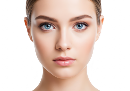 Closeup portrait of a beautiful young woman with blue eyes and perfect skin isolated on transparent background beauty and skincare concept