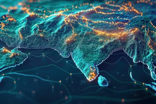 glowing 3d topographic map of the indian subcontinent and sri lanka with neon wireframe, luminous city nodes and network lines conveying dynamic futuristic connectivity and awe - Powered by Adobe
