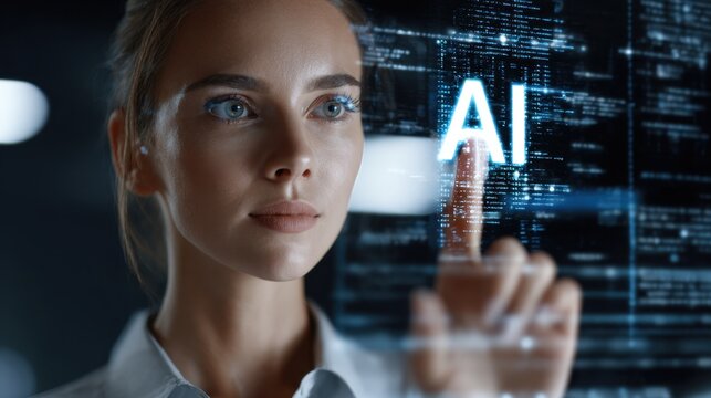 Woman touches glowing AI symbol amidst digital code on a futuristic interface