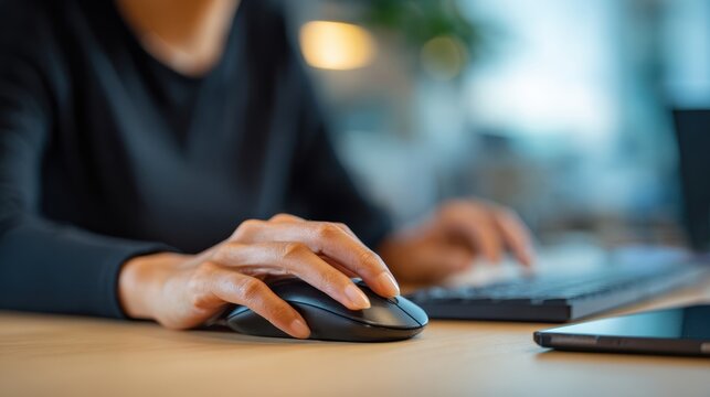 Person's hands using a computer mouse and keyboard with a smartphone on a wooden desk - Powered by Adobe
