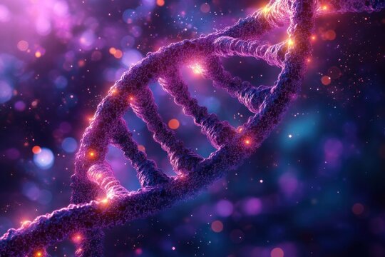 Glowing purple DNA double helix made of glittering particles and light nodes, set against a dreamy blue and pink bokeh background, evoking wonder and futuristic mystery