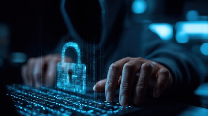 A person in a hoodie types on a keyboard with a glowing digital padlock and binary code overlay