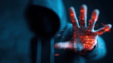 Anonymous hooded figure extending a hand with digital data overlay dark background