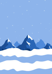 Customizable Christmas Banner and Winter Sales Poster with Snowy Mountain Landscape, Winter Season Background and Falling Snowflakes, Ideal for Holiday Promotions, Greeting Cards, Posters