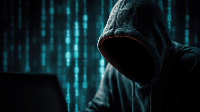 Anonymous figure in a dark hoodie with glowing binary code background hacker