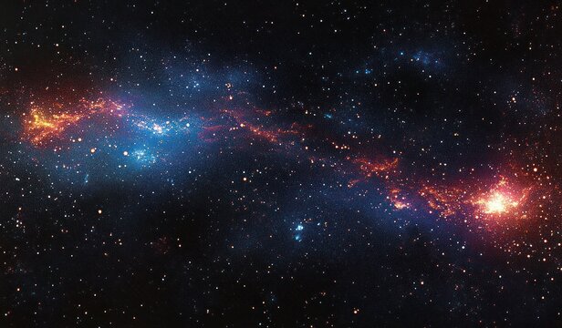 Expansive starfield with a glowing blue and red nebula band stretching horizontally across deep space, dotted with countless sparkling stars and distant clusters, evoking awe and tranquil wonder