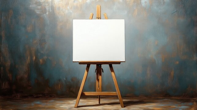 wooden easel holding a blank white canvas in a softly lit studio with a textured blue and gold wall and wooden floor, evoking quiet anticipation and creative possibility