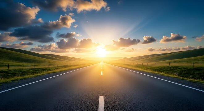 Beautiful atmospheric scene of a rural highway at golden hour.