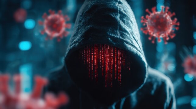 Anonymous figure with digital face mask and coronavirus particles surrounding